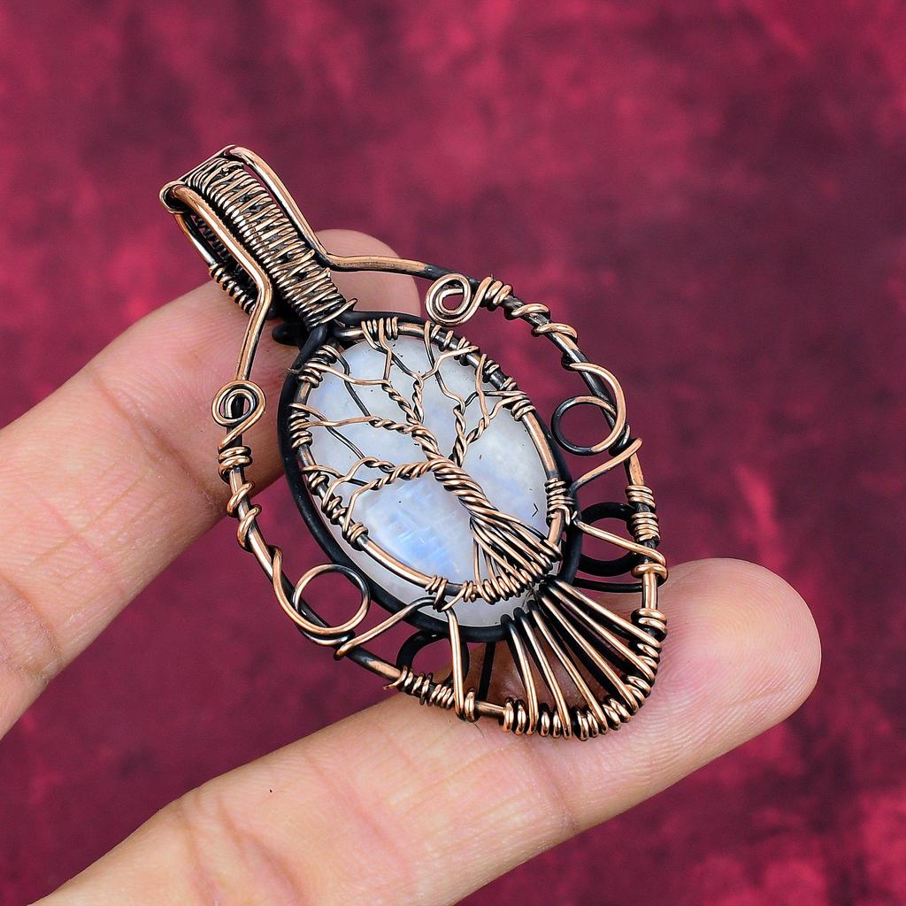 Tree Of Life Rainbow Moonstone pendant Copper Wire Wrapped Gemstone Jewelry