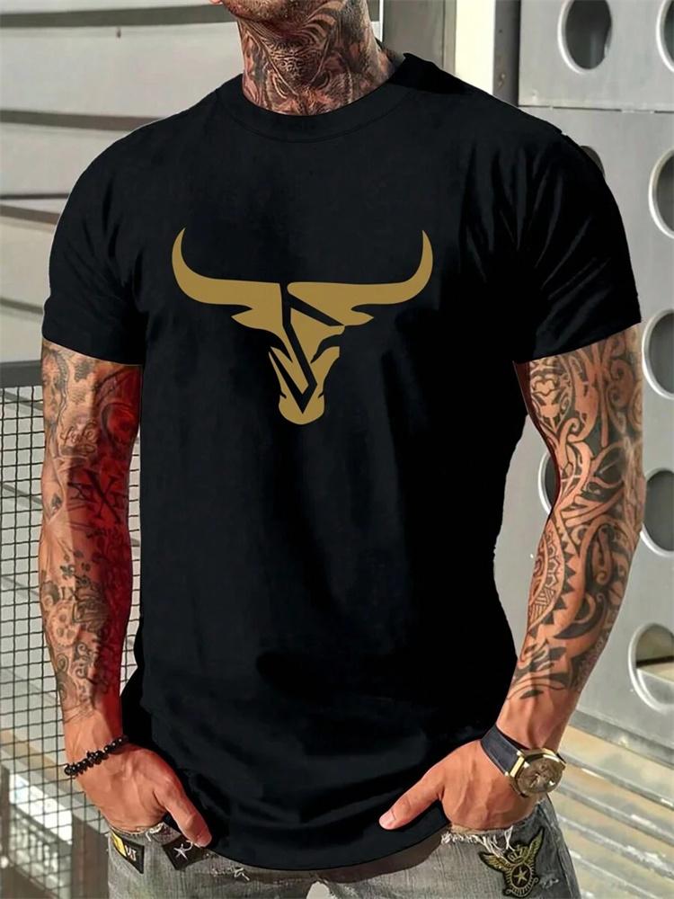 2024 New Summer Daily Casual Men's T-shirt Outdoor Street Men Fashion Short-sleeved Top 3D Bull Head Print Men's T-shirt