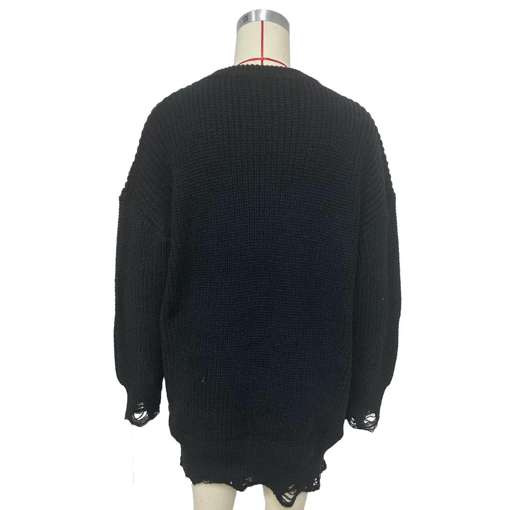 Осень-зима Винтажный свободный топ с длинными рукавами Однотонный пуловер Трикотажный свитер с круглым вырезом