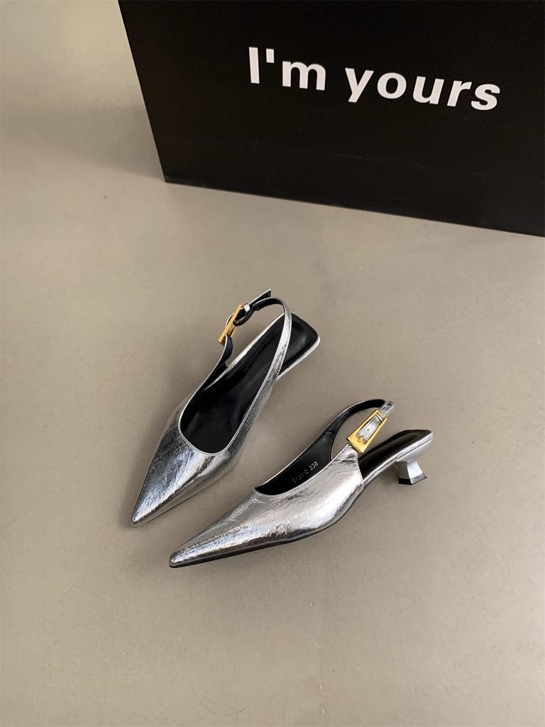 2025 тонкий низкий каблук темперамент мягкая кожа острый сказочный простой повседневный мешок голова сандалии одинарные туфли ремешок сзади маленькие кожаные туфли