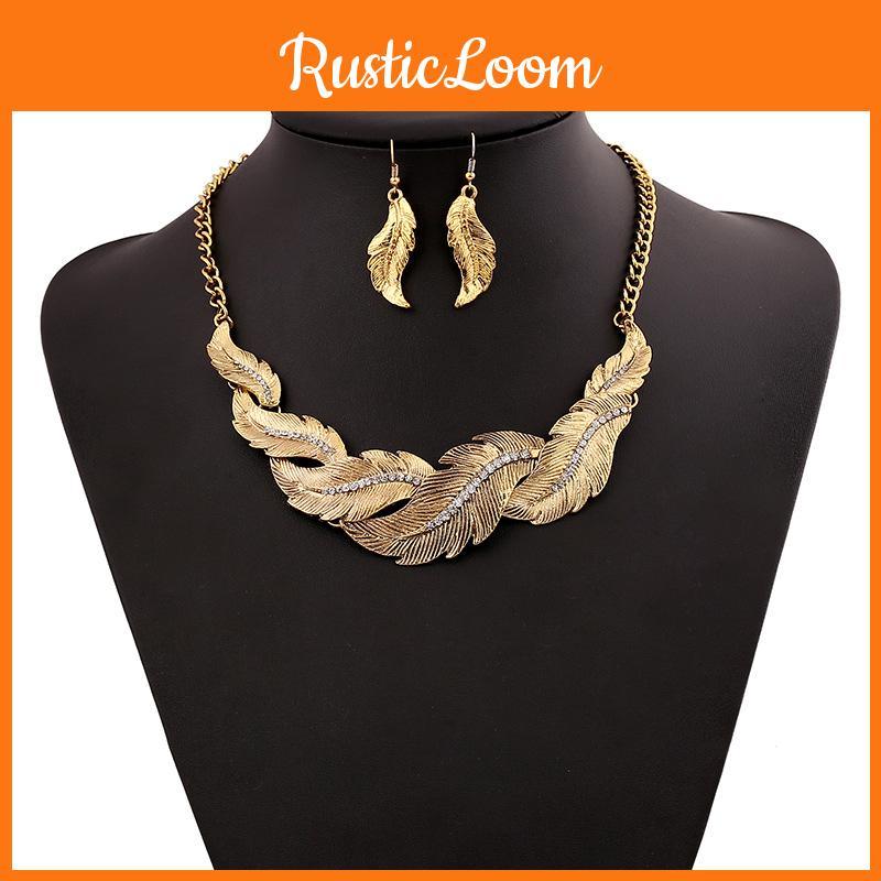 Fashion Rhinestone Decoration Feather Design Women Gold Necklace And Set Earring