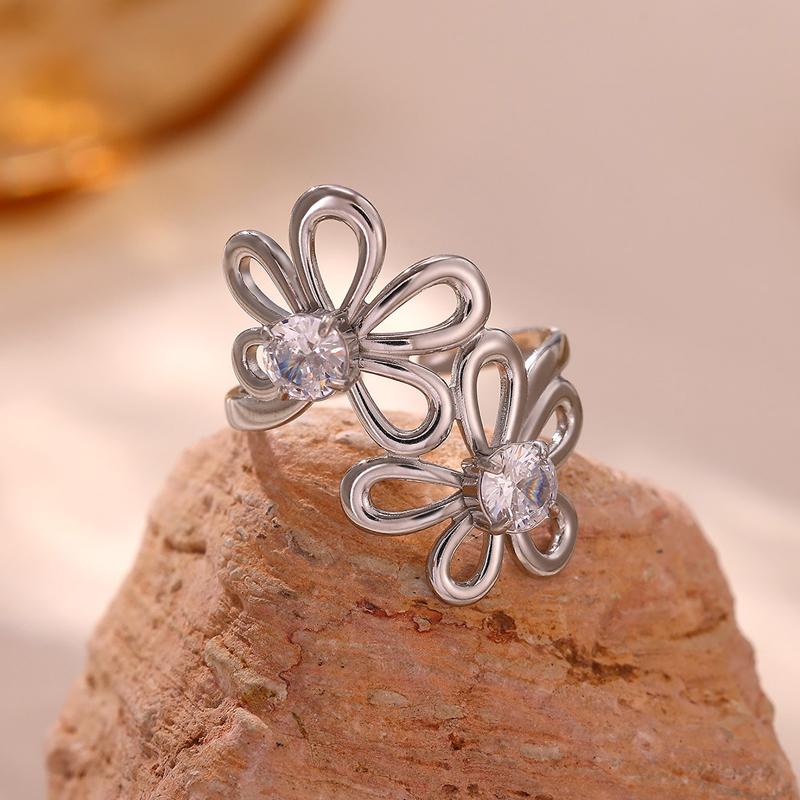 Luxury Flower Hollow Stainless Steel Ring for Women Design Sense Silver Color Inlaid Zircon Adjustable Ring Non Fading Jewelry