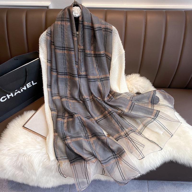 Роскошный шелковый шерстяной шарф женский клетчатый длинный фуляр женский блестящий платок накидка для дам хиджаб весна зима тонкие теплые шарфы