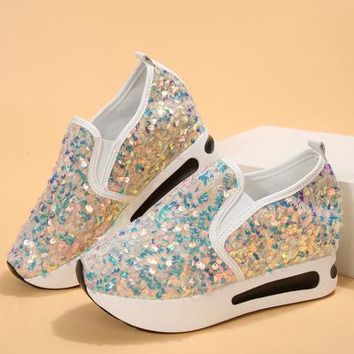 Весенние и летние женские блестящие пайетки модные универсальные повседневные туфли на плоской подошве с увеличением внутреннего роста