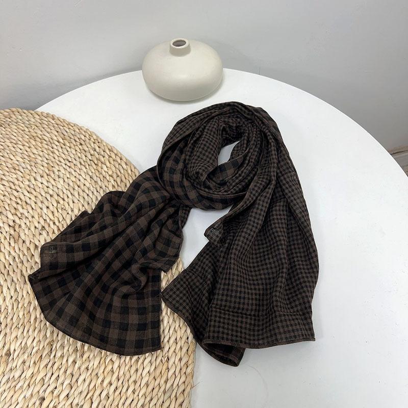 Japanese Retro Double-sided Brown Checkered Cotton Scarf Versatile Autumn and Winter Shawl Women's Triangle Scarves