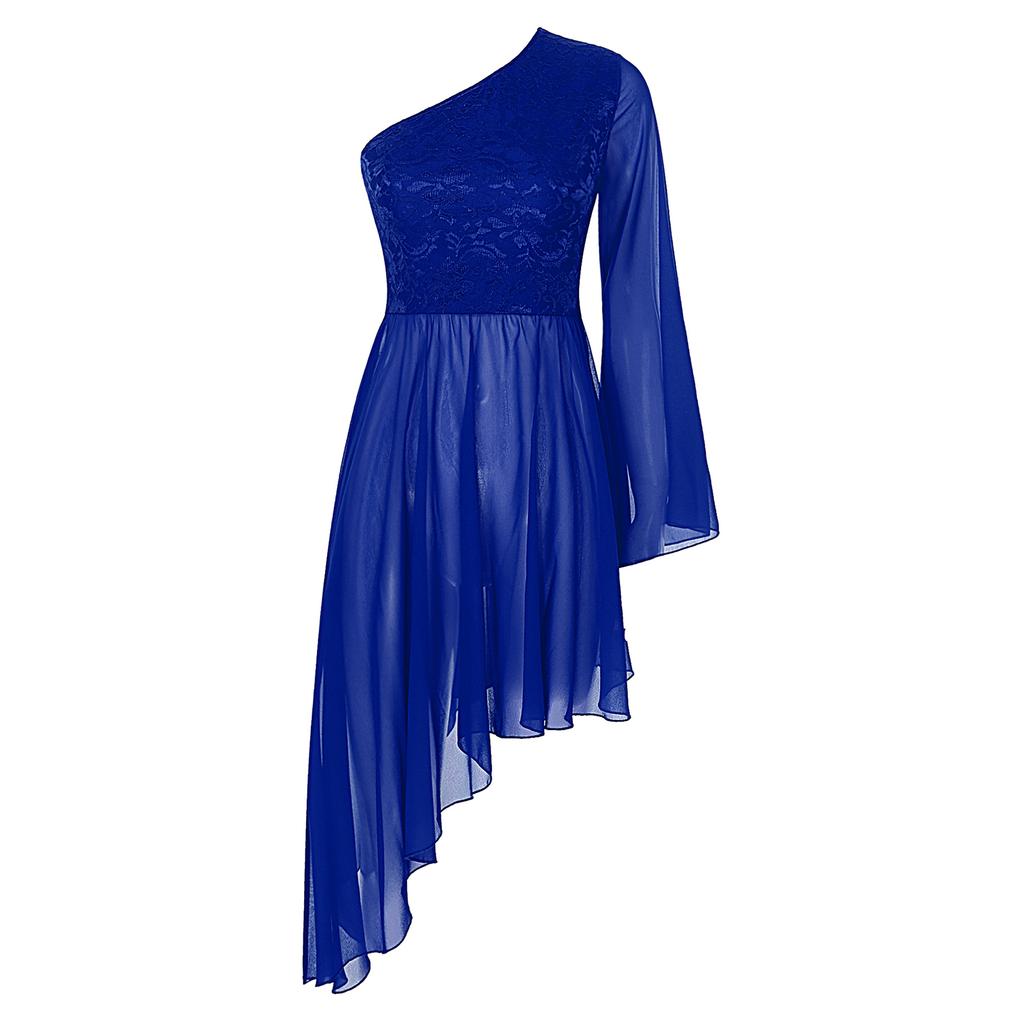 Женская туника для выступлений Worship с цветочным кружевным пэчворком, на одно плечо, с расклешенным рукавом, асимметричным подолом, танцевальное платье