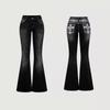 Womens Slim Fit Flared Jeans 2026 Embroidered Cross Denim Pants Mid Rise Stretch