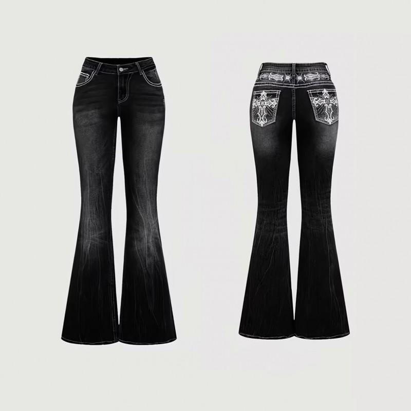 Womens Slim Fit Flared Jeans 2026 Embroidered Cross Denim Pants Mid Rise Stretch