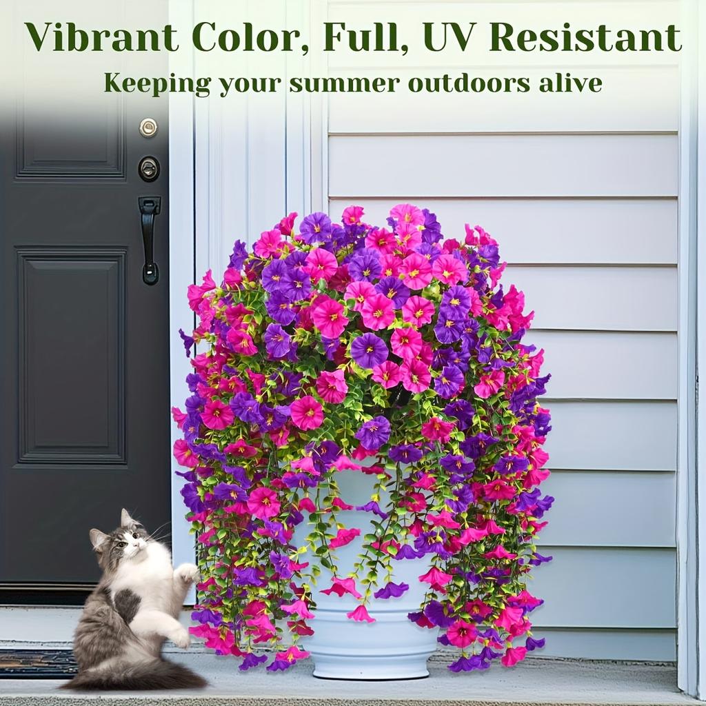 Outdoor Artificial Flowers, Realistic UV-Resistant Hanging Flowers, Trumpet Vine, Purple and Purple Red, for Porch, Patio