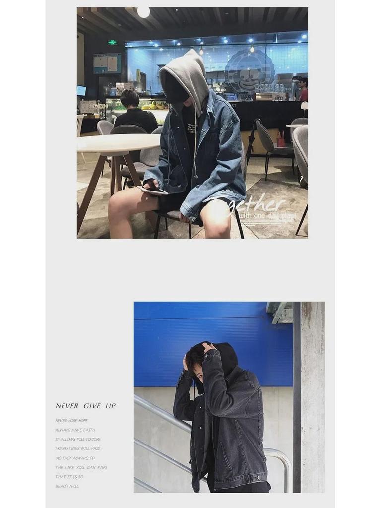 Мужская модная куртка из денима в корейском стиле с капюшоном - поддельный двухкомпонентный осенний топ