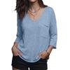 V-neck knitted sweater women's loose seven-quarter sleeve pocket top versatile casual pullover sweater women