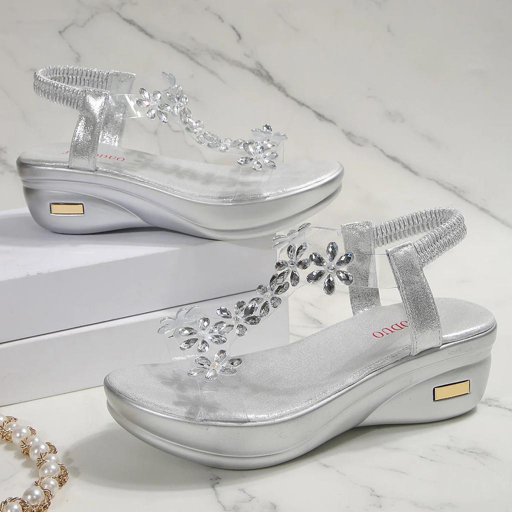 New Women Sandals Chunky Heel Platform Sandals Ladies Crystal Flower Decoration Shoes for Women Back Strap Fashion Shoes Female