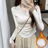 Retro Polo Lapel Long-sleeved T-shirt for Women Early Autumn New Design V-neck Slim Pleated Waist Bottoming Top