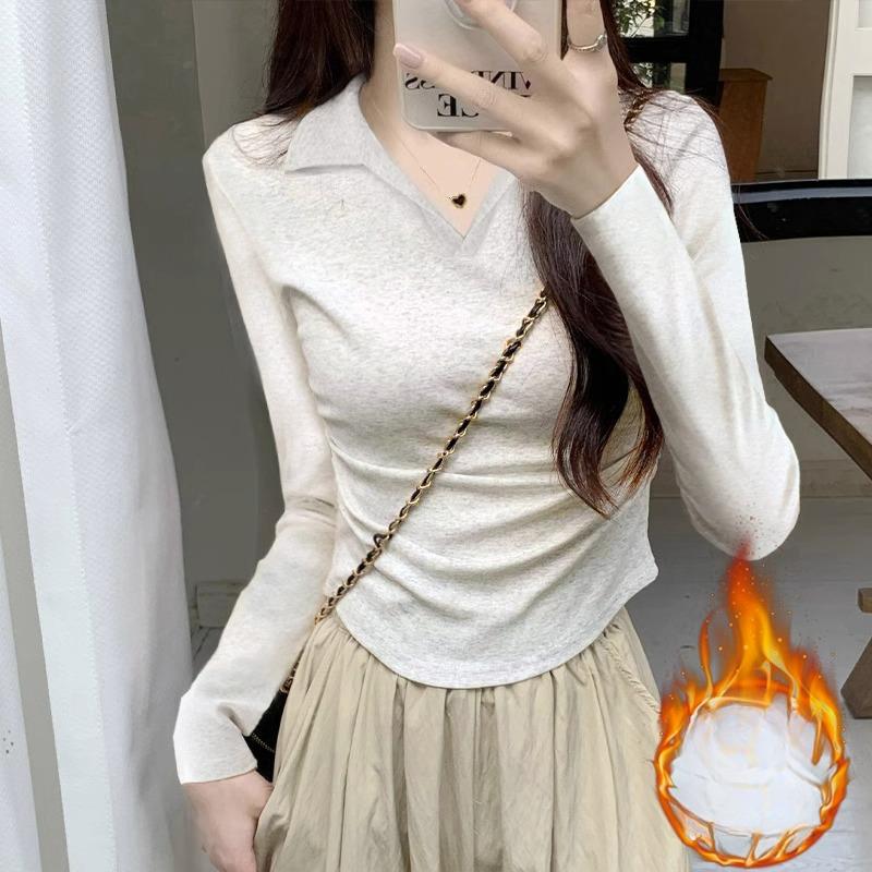 Retro Polo Lapel Long-sleeved T-shirt for Women Early Autumn New Design V-neck Slim Pleated Waist Bottoming Top