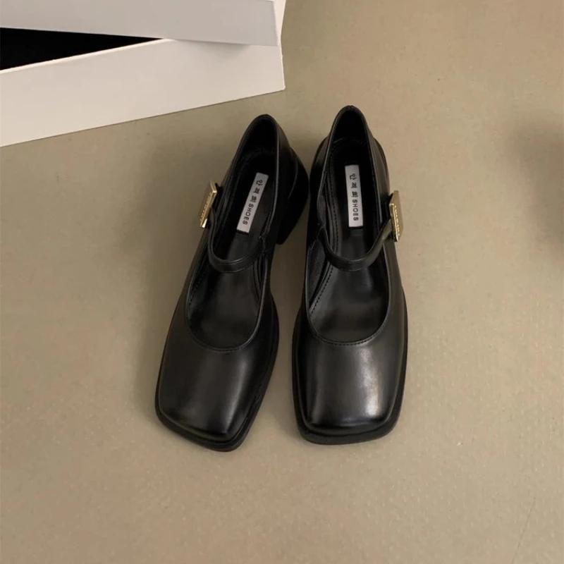 Autumn Casual Women Fashion Square Toe Close Toe Ankel Strap Mules Ladies Elegant Mary Jane Ballet Shoes Mid Heel Dress Pumps