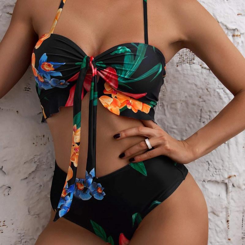 Купальник женский сплит-принт с высокой талией и треугольным бантом, бикини из трех частей