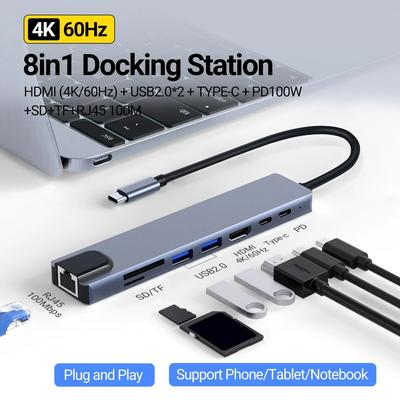 Многопортовый адаптер USB-концентратора 8-в-1 с HDMI, 60 Гц, PD, 100 Вт, подача питания, 100 Мбит/с Ethernet для MacBook Pro XPS Chromebook