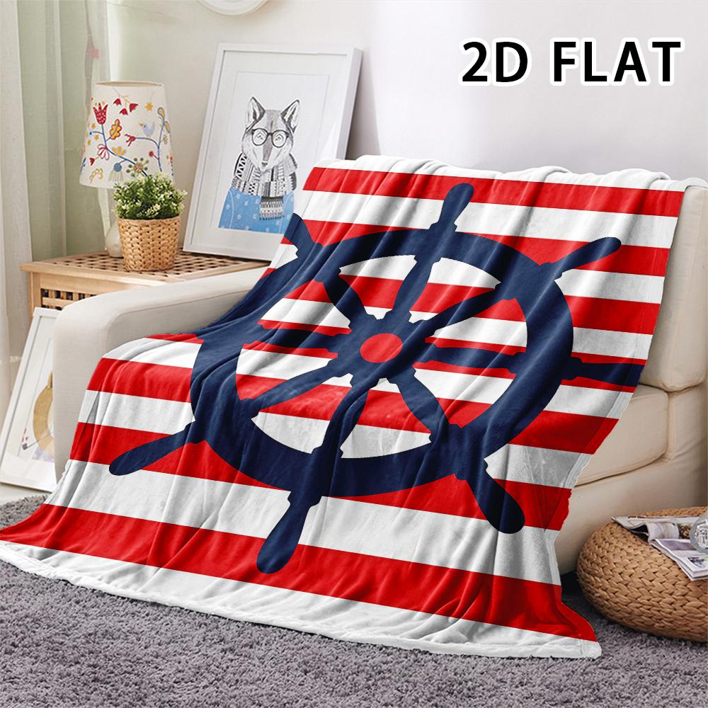 1Pc 2D FLAT Red Stripe Marine Print Flannel Blanket,High quality Comfortable for All Seasons,Home Decor,Warmth and Comfort,Perfect for Christmas Gifts