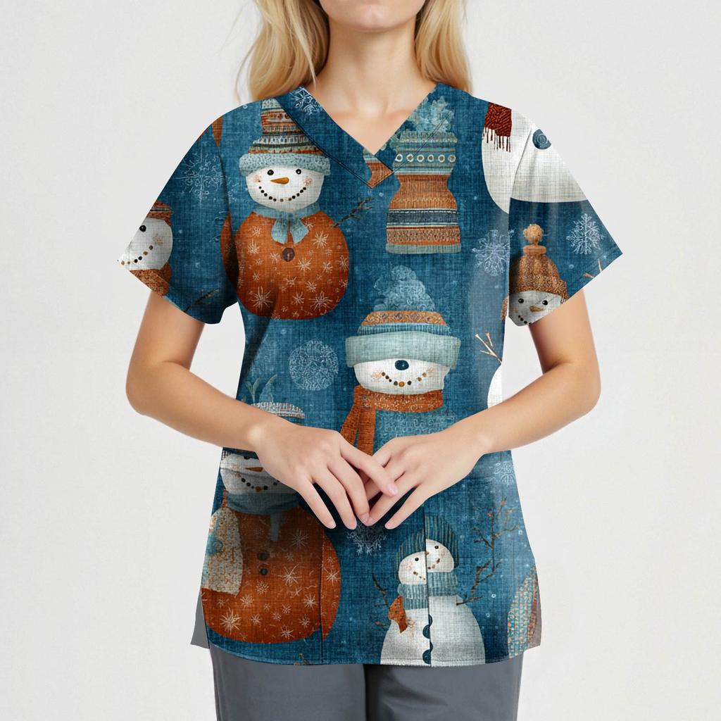 Женская модная рабочая одежда с V-образным вырезом и короткими рукавами, с карманами, топ с рождественским принтом, униформа для сиделки