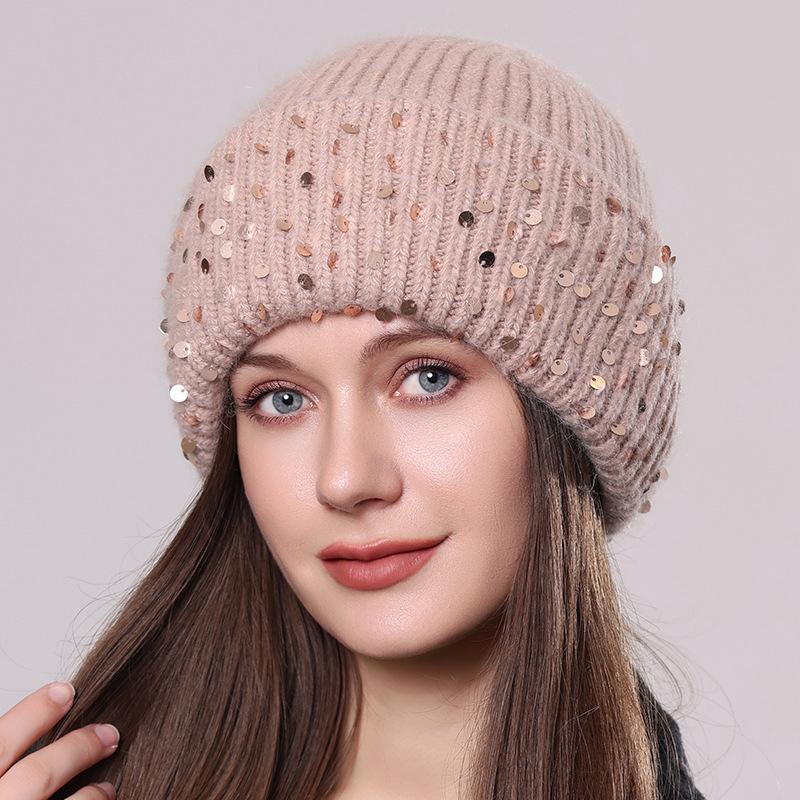 Вязаная шапка из кроличьего меха с пайетками, зимняя теплая шерстяная шапка, модная женская шапка-пуловер для защиты ушей