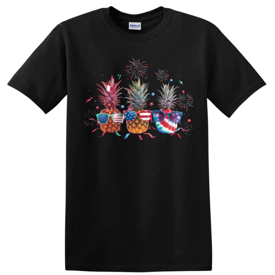 Pineapple T Shirt Fun Sunglasses Fireworks Celebration Summer Tee