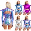 Womens Halloween Alien Costume Hollow Out Crop Top Transparent Skirt Space Clubwear