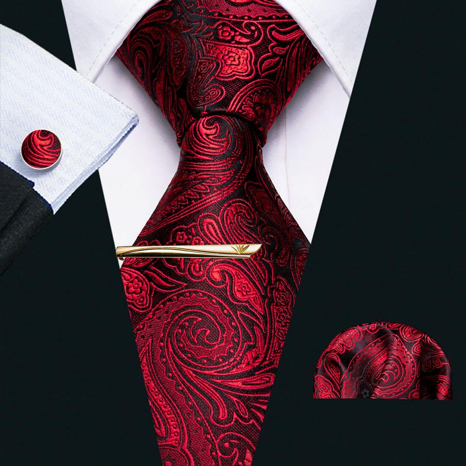 Barry.Wang Red Ties for Men Paisley Stripes Check Silk Necktie Hanky Cufflinks Gold Tie Clip for Wedding Business