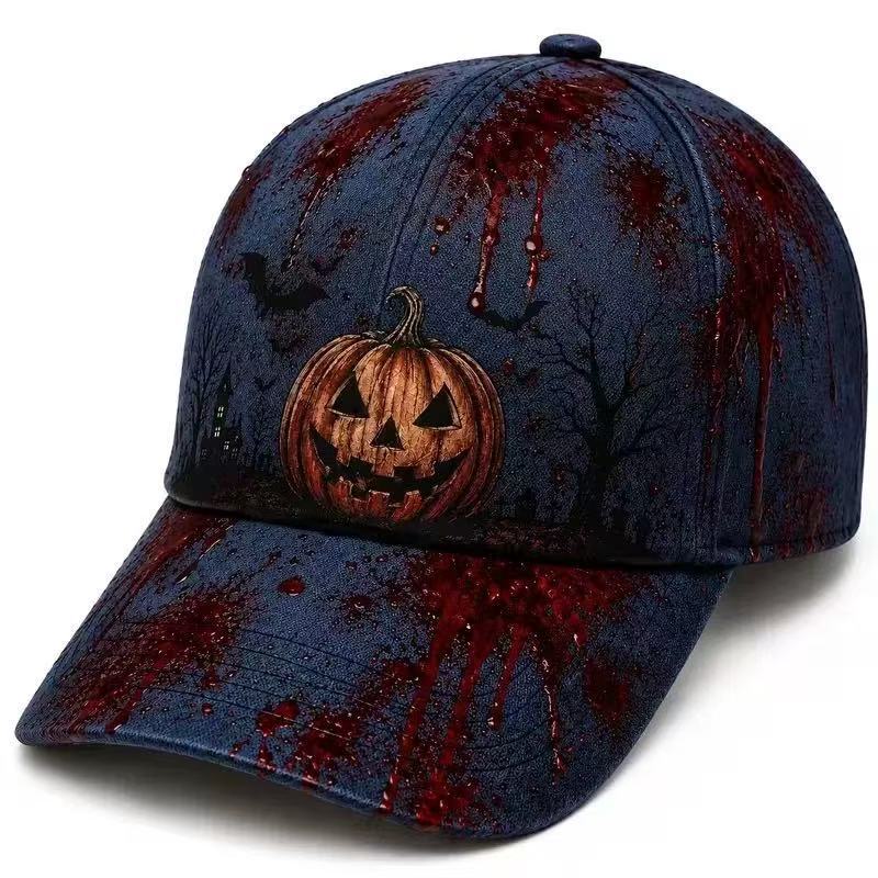 New Dark Pumpkin Big Brim Ghost 3D Printed Hat Vintage Gothic Halloween Baseball Cap