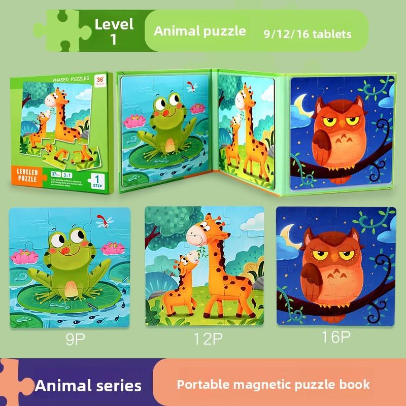 Wooden Childrens Educational Magnetic Foldable Puzzle Book For Animal And Traffic Recognition