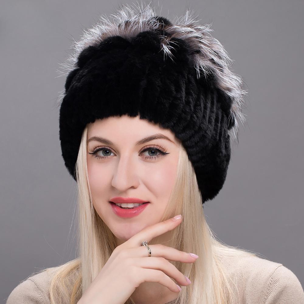 Russia New Winter Real Fur Beanies Hat Women 100% Genuine Real Rex Rabbit Hat Good Elastic Knitted Rex Rabbit Fur Caps