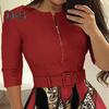 Ladies Dress Zipper Decor Belted Tight Waist Color Matching Print Round Neck Pockets Three Quarter Sleeve A Line Loose Hem Spring Fall Mini Dress