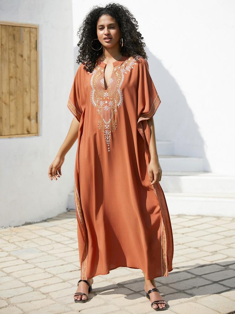 EDOLYNSA Embroidered Women's Kaftan Robe Caftan Fashion Holiday Dress Loose Cozy Bathing Suit Cover Up Lounge Wear House Dress Wrap Q1653