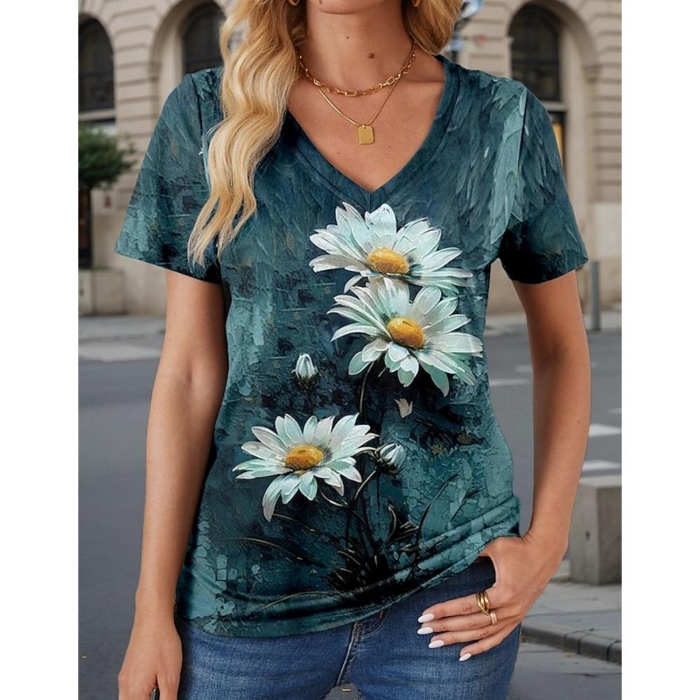 Summer Women Short Sleeve V-Neck Oversized T Shirt For Women Fashion Ladies T-Shirt 3d Flower Print Top Casual Clothes