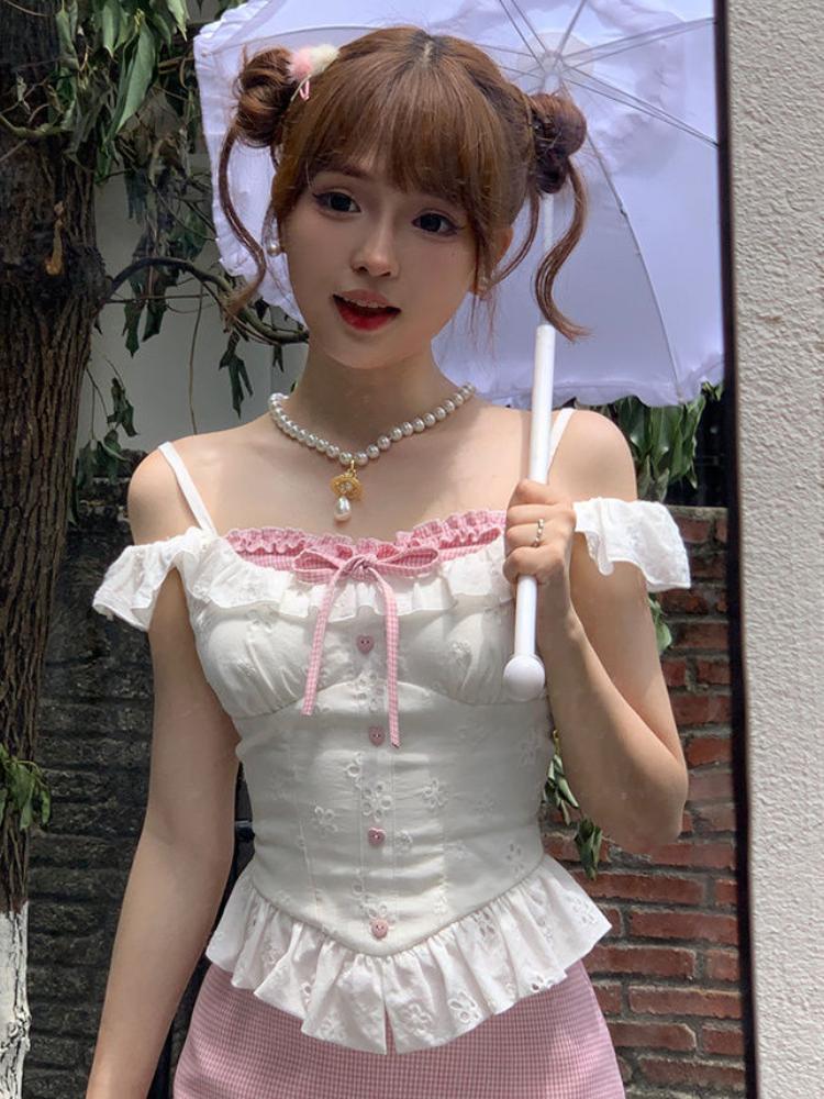 Korea Chic Fake Two-piece Design Sense Shirt Summer New Sweet Lace Shirt Cropped Tops Off Shoulder Sexy Casual Camisole Top