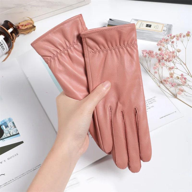 Sheepskin Gloves Women's Winter Fleece-lined Warm Short Driving Cycling Sheepskin Touch Screen Gloves Women's Cute Thin Hand Rep