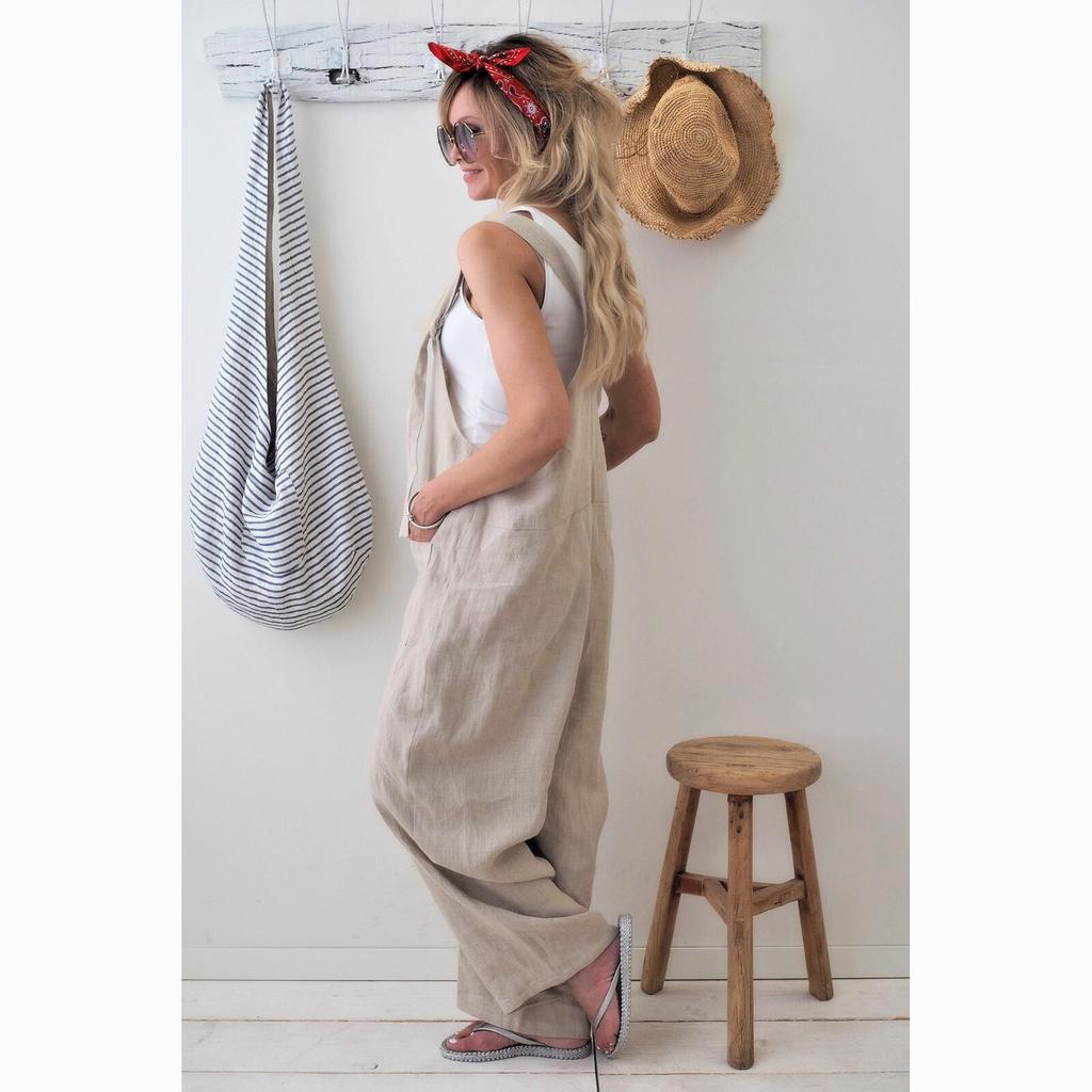 Womens Jumpsuit Spaghetti Strap Wide Leg Bib Pants With Pockets Cotton Linen Overalls Casual Loose Playsuit