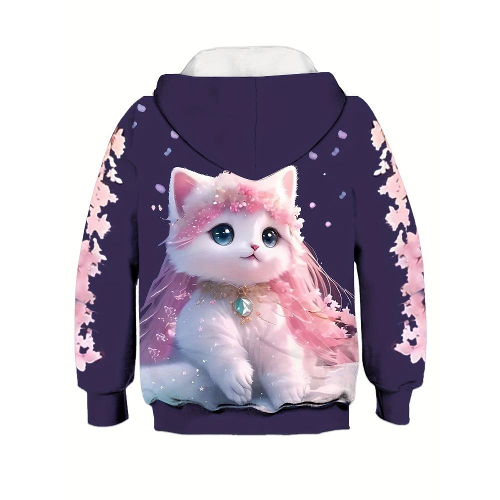 Толстовка с длинными рукавами и ярким графическим принтом в виде мультяшного кота — мягкая, модная, повседневная, для девочек — идеально подходит для осени и зимы, для повседневной носки на открытом воздухе, идеи подарков