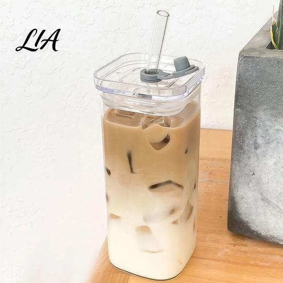 Versatile Glass Cups for Smoothies Cup with Lid And Straw, Square Clear Borosilicate Heat Iced Coffee Glassware Home Office Resistant Tumbler,