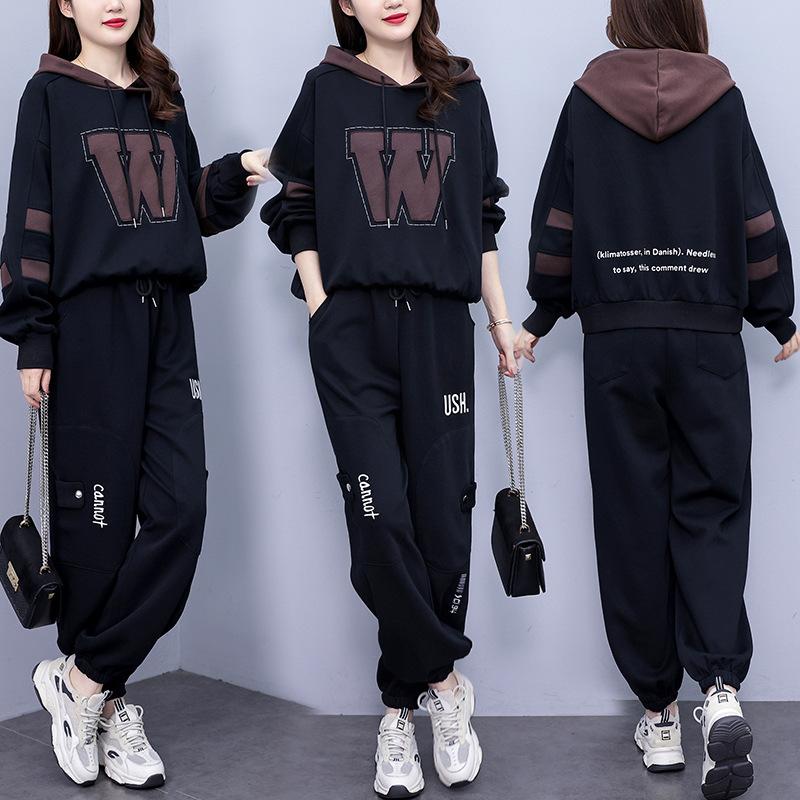 Большой размер Костюм толстой сестры Женский Плюс бархатный Толстый Осенний Худи Брюки гарем Повседневный Костюм-двойка