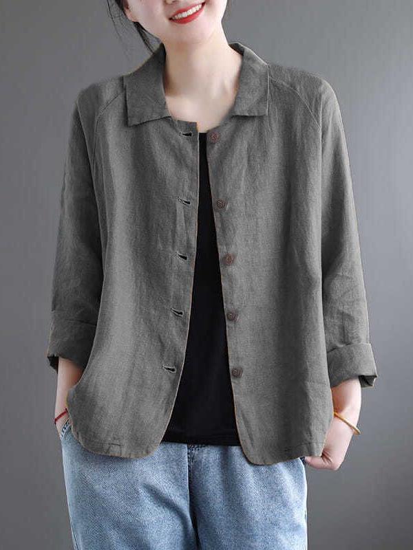 Женская хлопково-льняная куртка-рубашка - Весна/Осень, универсальная однотонная с защитой от солнца