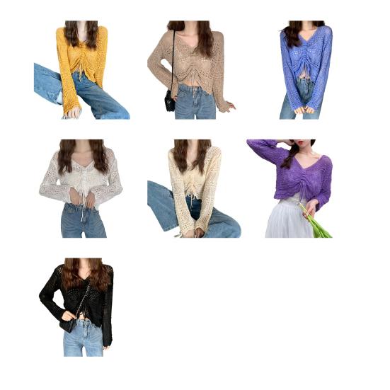 Women Cover Up Tops V-Neck Drawstring Design Long Sleeve Pullover Tops Solid Color Loose Fit Hollow Design Sunscreen Cover Up