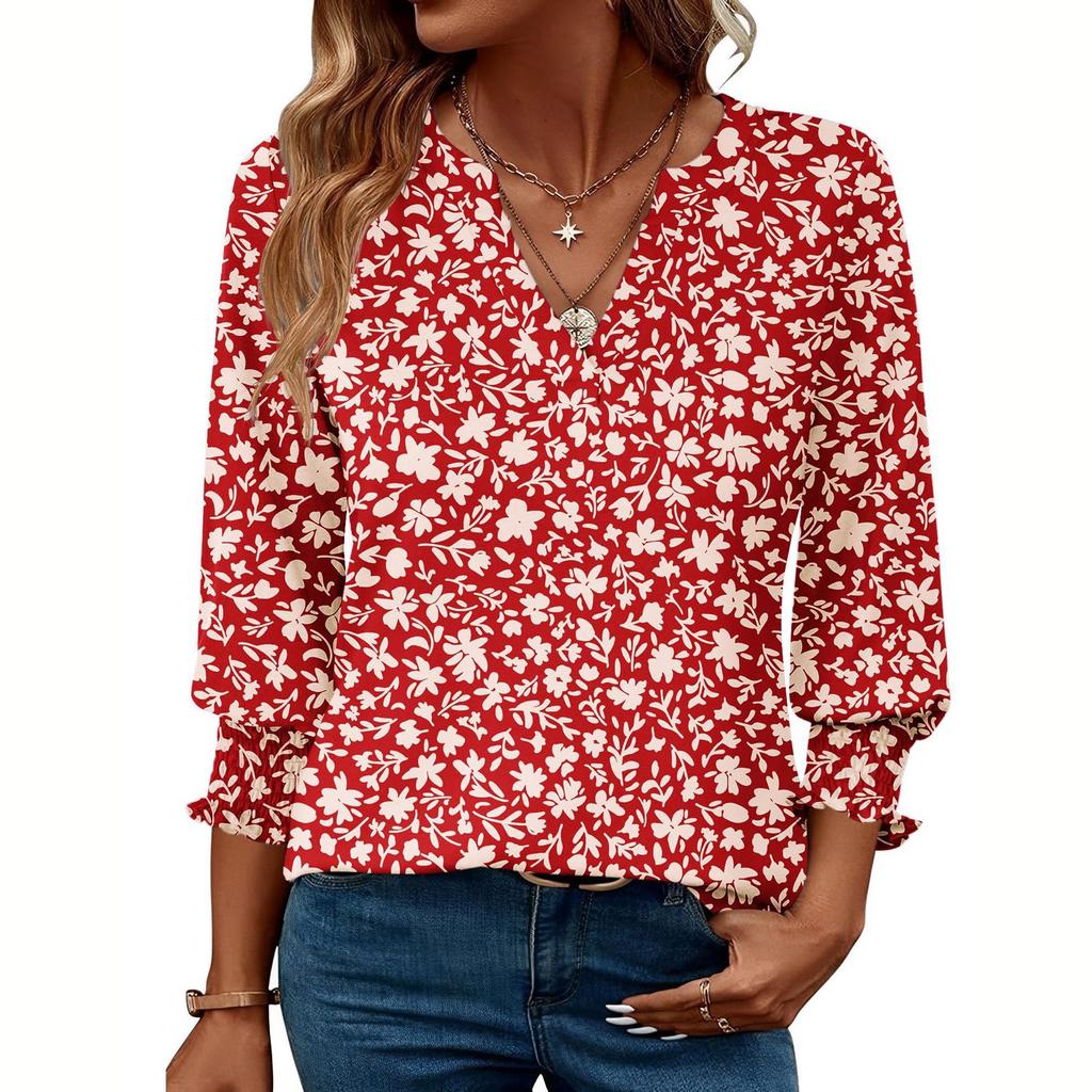 Blouses For Women Dressy Casual 3/4 Length Sleeve Womens Tops O Neck T Shirts With Smocked Cuffs