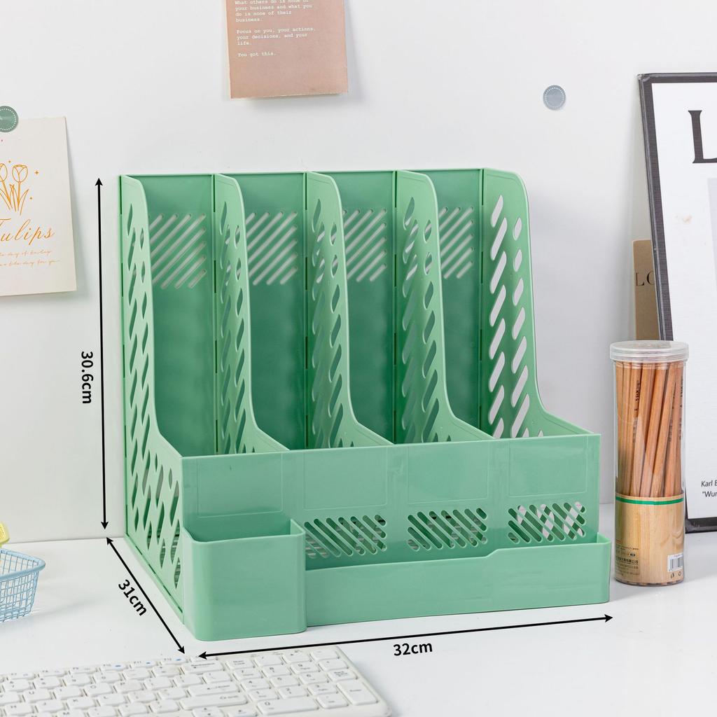 Четырехколончатый офисный стеллаж для документов с держателем для ручек Утолщенный настольный органайзер для хранения документов и канцелярских принадлежностей Эффективный рабочий аксессуар