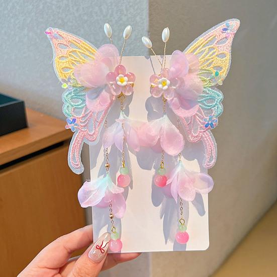 1 пара гигантской заколки-бабочки для волос с прозрачными сетчатыми крыльями, цветочная боковая заколка-коготь для женщин, девочек, сказочной принцессы, аксессуар для волос для свадебной вечеринки, костюма