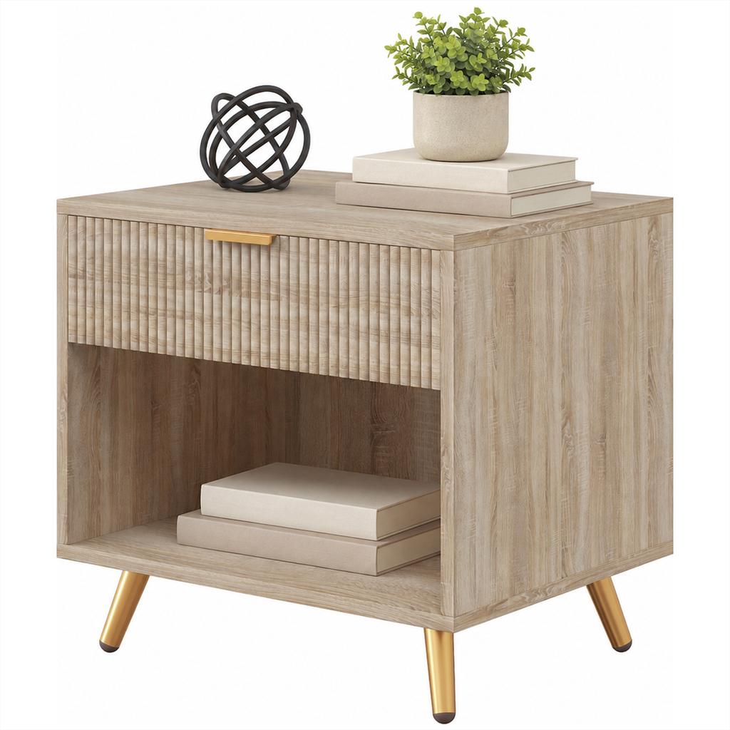 Bedside Table Drawer With Handle for Bedroom Natural Wood Finish