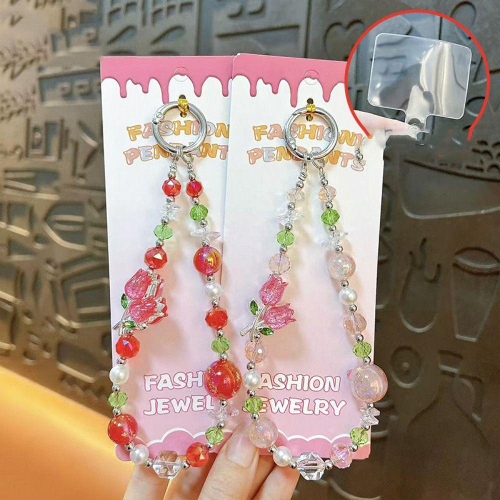 Pearl Cell Phone Chain Tulip Flower Mobile Phone Lanyard Crystal Bead Phone Strap New Year Gift