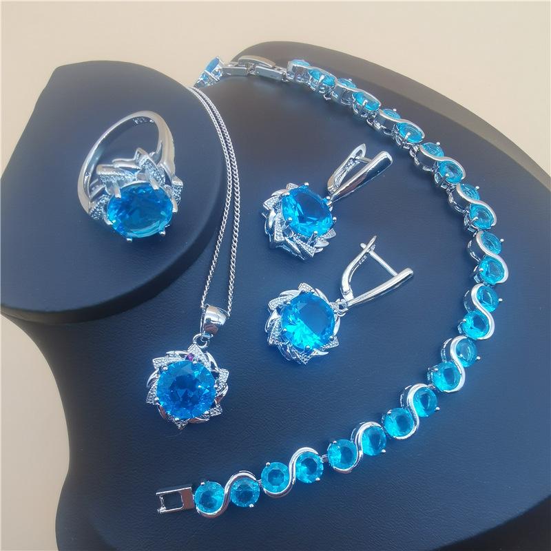 Комплекты украшений из натурального циркона, серебро 925 пробы, женские свадебные украшения, серьги, браслеты, кольца, комплект с подвеской и ожерельем