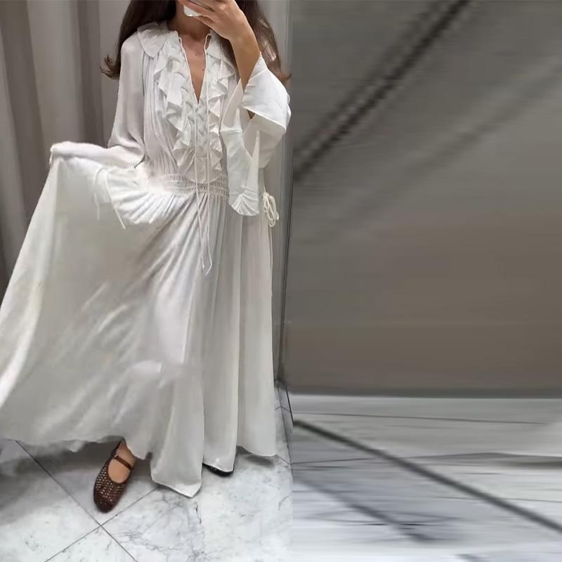 Элегантные однотонные платья с воланами, свободное женское длинное платье с V-образным вырезом и длинными рукавами, новое летнее женское платье для поездок на работу и отдыха 2025 г.