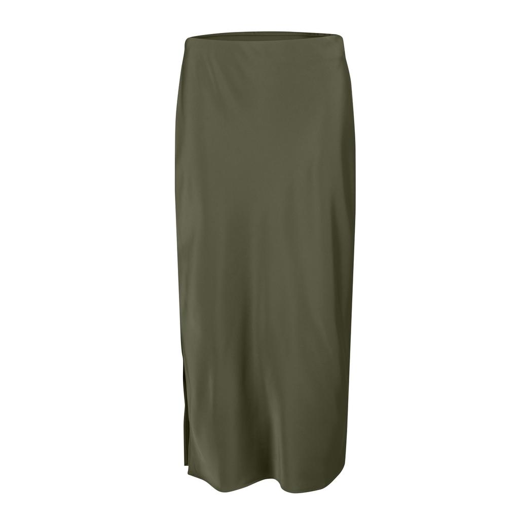 Women's High-Quality Satin Half Skirt With Elastic High Waist Solid Color Split Mid Length Skirt