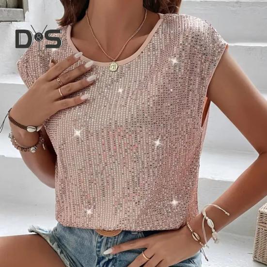 Женская футболка с круглым вырезом без рукавов свободного кроя футболка с блестящими пайетками повседневные футболки стандартного кроя топ повседневная одежда